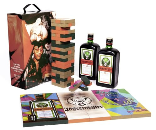 Jägermeister Set Meister Bricks - 2 x 0,7l Premium Kräuterlikör 35% Vol. und Meister Bricks Holz Stapelturm – für Spieleabend und als Partyspiel, Jägermeister Geschenkset - Geschenkidee