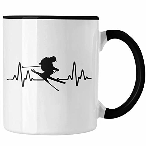 Trendation - Ski Tasse Geschenk Grafik Herzschlag Geschenkidee Skifahrer Geschenk Winter (Schwarz, 325 Milliliter)