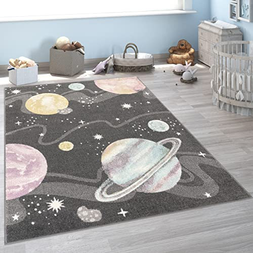 Paco Home Kinderteppich Teppich Kinderzimmer Junge Mädchen Modern Weltraum Planeten Sterne Weich Anthrazit Mehrfarbig, Grösse:160x220 cm