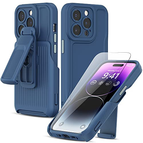 Niunisi Case Designed for iPhone 14 Pro Max Case with Belt Clip Holster and Screen Protector Military Grade Drop Shockproof Cover with 360° Rotating Kickstand 6.7-Inch Phone Case, Blue