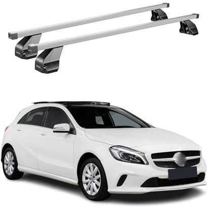 OMAC Menabo Dachträger für Mercedes A Klasse W176 2013-2018 Stahl Silber | DIN 75302:2019 & ISO/PAS 11154:2006 geprüft, Abschließbar, City-Crash-getestet, bis 75 kg Traglast, Querträger, Grundträger