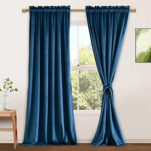 JIUZHEN Marineblaue Samtvorhänge, 244 cm für Wohnzimmer, weicher Retro, Verdunkelungsvorhänge, Samt-Vorhänge, Stangentasche, Raumverdunkelung, wärmeisoliert, für Schlafzimmer/Galerie, 132 x 244 cm, 2