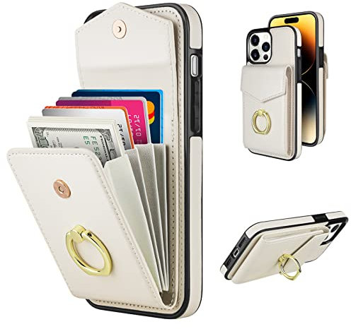 Vofolen for iPhone 14 Pro Case with Card Holder PU Leather Case Wallet Case with 360°Rotation Ring Holder Stand Flip Case Magnetic Closure Protective Case Cover for iPhone 14 Pro Phone Case - White