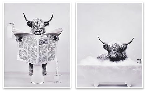 Naapesi Highland Cow Leinwand-Wandkunst, Schwarz-Weiß-Badezimmer-Wandkunst-Poster, ungerahmte Leinwand (30x40cm)
