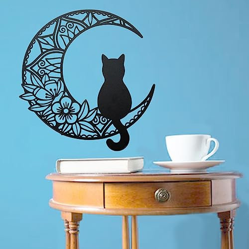LIKEUDO Katze Die Auf Dem Mond Sitzt Metall Wanddeko - Moderne Hängende Wandkunst für Zuhause, Schlafzimmer, Wohnzimmer, Büro und mehr(Höhe 33 cm)