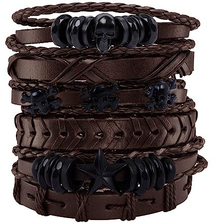 MILAKOO Lederarmband für Herren und Damen, schwarz, geflochten, Punk, Totenkopf, Rock, 6 Stück, 7-8.5 inches, Leder, Kein Edelstein