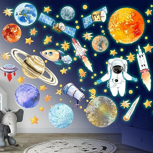 Wandsticker Leuchtaufkleber 9 Planeten Leuchtsterne Astronaut Planet Leuchtsticker Wandtattoo Leuchtend Sonnensystem Sterne Fluoreszierend Wandaufkleber für Kinderzimmer Dekorative Aufkleber Grün