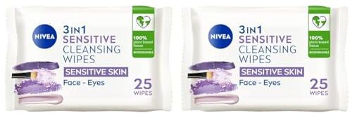 NIVEA Sensitive Skin Face Wipes, Biodegradable Plant Fibre Wipes, Makeup Remover, 50 Count (Pack of 2)