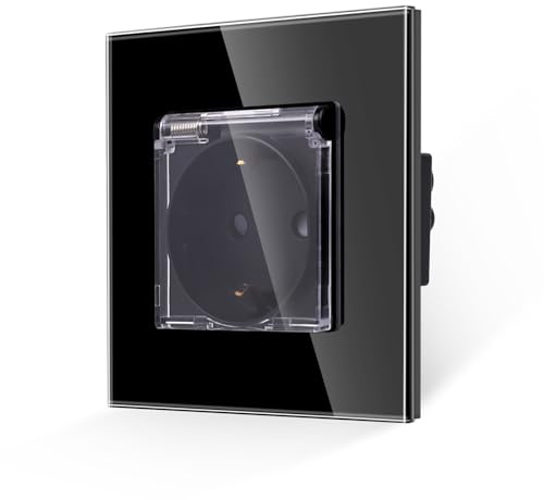 JIMEIDA Steckdose mit Klappdeckel, Glas schwarz, 16A, 86x86mm | Steckdose, IP54 Klappdeckel, 16A, Glas Panel, Kindersicherung, Feuerfest, Unterputz, 86x86mm, schwarz