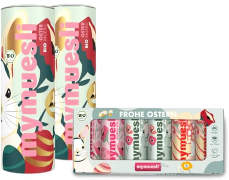 mymuesli veganes BIO Oster-Müsli (2x 575g) mit 6er Geschenk-Box (6x50g) - Müsli-Geschenk mit 2er Mini-Schokohasen und 6er Minis (Choco Crunch, Strawberry Cheesecake, Raspberry Dark Choc) - palmölfrei