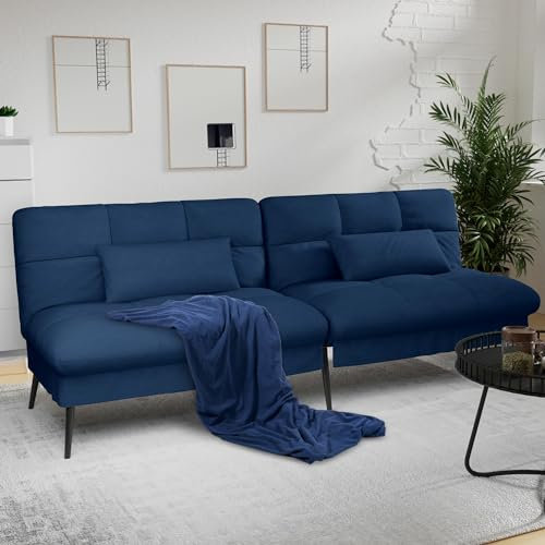 COMHOMA Fabric Sofa Bed 3 Seater Upgraded Frame 5-Gear Back Angle Adjustable Futon Sofa for Living Room, Guest Room (Fabric, Blue)