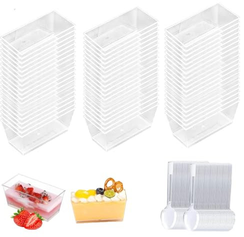 ABSOK 50 Pièces Coupes à Dessert en Plastique, vec cuillère, Coupes à Dessert Rectangulaires Coupe Apéritif Parfait Clair Bol de Service Réutilisable pour Dessert Pudding Mousse Party (140ml)