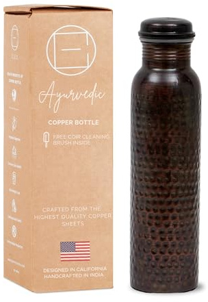 AVA DESIGNZ Handgehämmerte schwarze Kupfer Wasserflasche 950 ml – ayurvedische auslaufsichere Metall Sport & Gym Trinkflasche | BPA frei für Yoga Reisen Büro | Nahtlose Flasche aus 100% reinem Kupfer