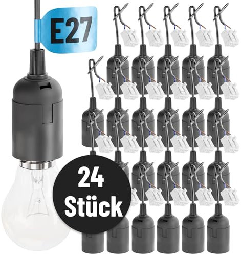 Greate 24x Baufassung E27 Schwarz Mit Schnellverbinder - Lampenfassung Inkl. Zugentlastung - Renovierfassung Max. 60W 250V - Baustellenfassung, LED-Baufassung, Bau-Lampenfassung, Baulampen