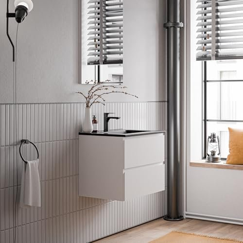 Bernstein Badmöbel-Set Ava 60cm, Waschbecken mit Unterschrank in Weiß matt, Keramik-Waschbecken in Schwarz matt mit einem Hahnloch, Ideal für kleine Bäder