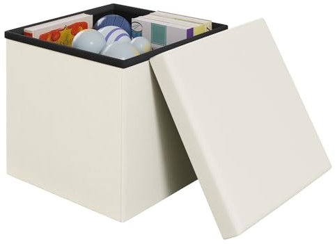 Klihome Sitzhocker mit Stauraum, Kleine Faltbare Sitztruhe, Sitzwürfel aus Leinen, 38x38x38 cm, Aufbewahrungsbox mit abnehmbarem Deckel, gepolsterter Hocker als Fußablage, Creme