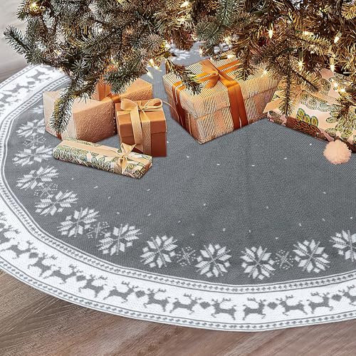 Dremisland Gonna Grande Albero di Natale 90cm Grigio Gonna Dell'albero Natale Renna con Fiocco di Neve Tappeto Albero Natale Spessa Pesante Filato Lavorata Maglia Copri Base Albero Natale Decorazione