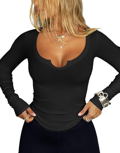 Navneet Damen Langarmshirt Longsleeve Sweatshirt Crop Top Sexy Gerippt Basic Tshirt Bodycon Henley Going Out Gym Top Herbst Schwarz M