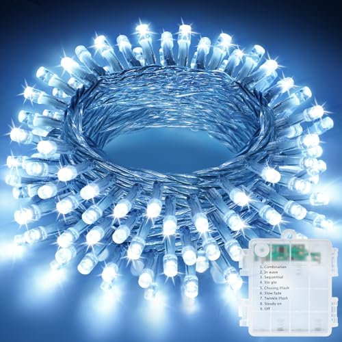 Realky Luci Albero di Natale a Batteria, 11M 110LED Luci Natalizie da Esterno ed Interno, 8 Modalità con Funzione Memoria Impermeabile Luci di Natale per Giardino, Balcone, Festa, Casa - Bianco Freddo