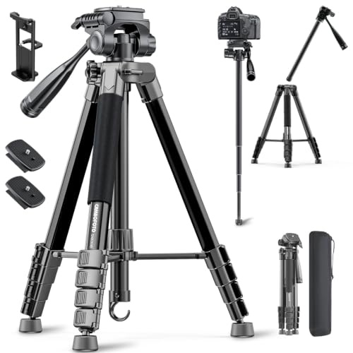 CAMBOFOTO 73 Camera Tripod and Monopod, Professional Aluminum Tripod Stand for Mirrorless Camera/DSLR/Cell Phone/Camcorder/GoPro, with Phone Holder and Travel Bag (Black)