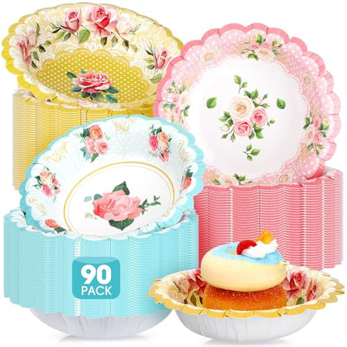 Domensi 90 Pcs Tea Party Paper Bowls 12oz Floral Vintage Soup Bowl Pink Blue Yellow Flower Disposable Food Bowls for Tea Party Wedding Mom Birthday Baby Shower Spring Holiday