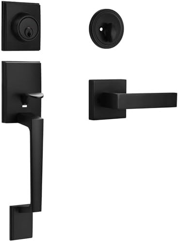 Matte Black Front Door Handle and Single Cylinder Deadbolt Combo Set, Black Exterior Door Lever, Modern Front Door Lock Set, Reversible for Right & Left