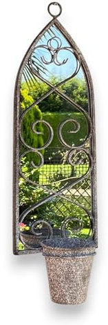 Elegant Rustic Arched Garden Wall Mirror with Flower Pot Holder - Patina Finish, Glass & Metal Frame, 60cm Height - Perfect Planter for Balcony, Porch & Outdoor Aesthetics (1, Antique Design)