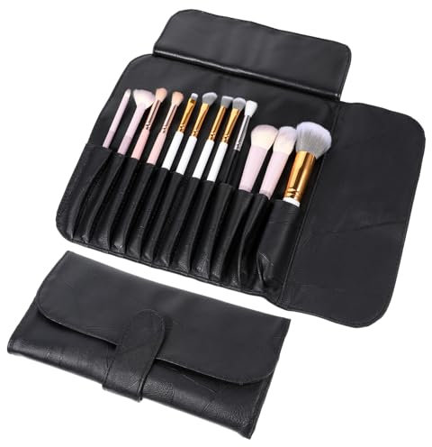 Black Makeup Brush Bag, Leather Makeup Brush Holder Travel, Portable Folding Make Up Brush Case for Women and Girls Travel Storage Organizer