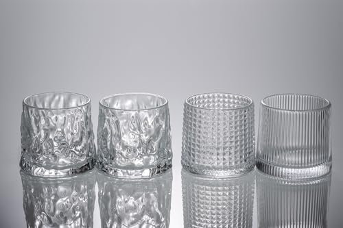 Airsien Set di 4 bicchieri di cristallo da whisky premium, 150ml, per cognac, bourbon, scotch, cocktail, rum, whisky, bar (4, 2 Motivo ondulato+1 motivo a quadri +1 motivo a righe verticali)
