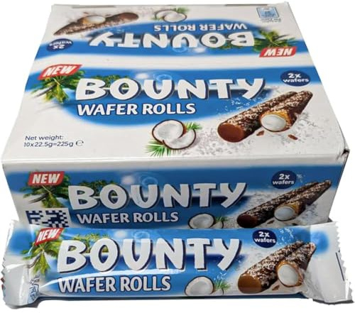 BML 10 x 22.5g Bounty Crispy Wafer Rolls Chocolate Coated Coconut Filled Wafer Snacks Individually Wrapped Sweet Treat Sharing Pack Lunch Box Snack Tea Time Gift