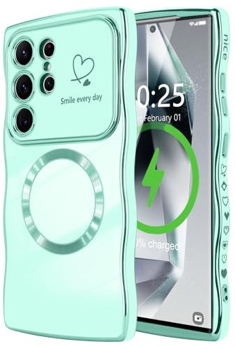 LCHULLE Magnetisch Handyhülle für Samsung Galaxy S24 Ultra Hülle [Kompatibel mit Magsafe] Liebesherz Schutzhülle Kameraschutz Wellen Lockige Form Silikon Case für Samsung S24 Ultra Hellgrün