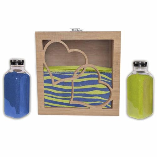 Kit Ritual de Arena para Boda con Marco Corazones – Ceremonia Simbólica de Amor – Incluye 2 Colores de Arena (800g c/u) – Regalo San Valentin – Modelo Roble (Roble, Azul/Verde)