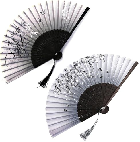 FNSIGHD 2 Pcs Vintage Paper Fan, Pink and Black Durability Hand Fan Folding, Portable Paper Fans Handheld, Silk Fabric Bamboo Chinese Hand Fans, for Wedding, Birthday, Party Decoration, Travel