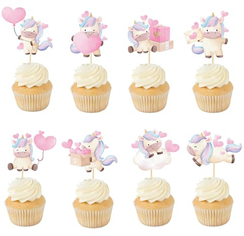 Arthsdite 24 Stück Einhorn Cupcake Toppers mit Herz Einhorn-Partydekoration Geeignet für Babyparty, Valentinstag, Geburtstagspartydekoration