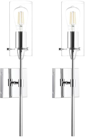XiNBEi Lighting Applique Verre Transparent Salle De Bain Couloir, Lot De 2 | Éclairage Mural de Chevet, Design Moderne, Câblé, Installation Facile, E27, Appliques Murales Chrome pour Chambre Porche