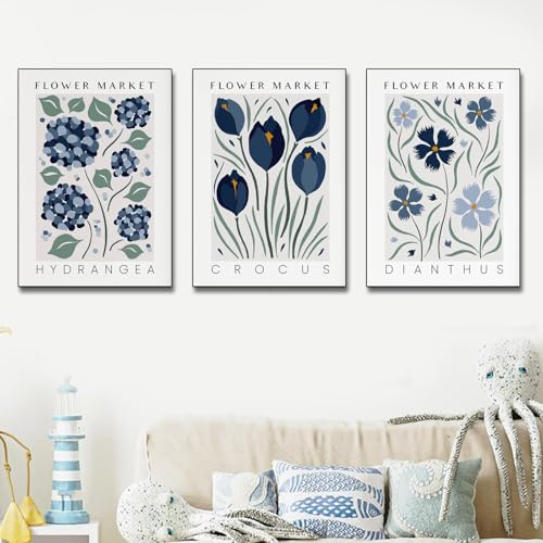 Xiyocadt 3er Poster Set Wandbilder, Vintage Blau Florale Leinwanddrucke Poster Set,Blaue Blumen Pflanzen Wandgemälde Plakate Kunstdrucke, für Wohnzimmer und Schlafzimmer, Ohne Rahmen (50 * 70cm)