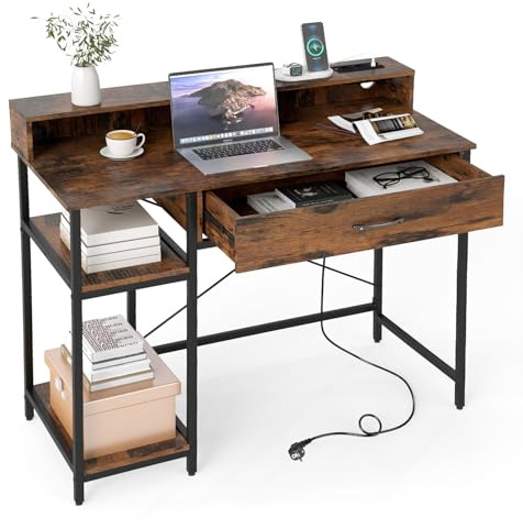 LIFEZEAL Bureau d'ordinateur avec Prises, Bureau à Domicile avec Armoire supérieure, tiroir et 2 étagères, Table de Gaming avec Structure métallique pour Chambre, Bureaux (Marron Rustique)