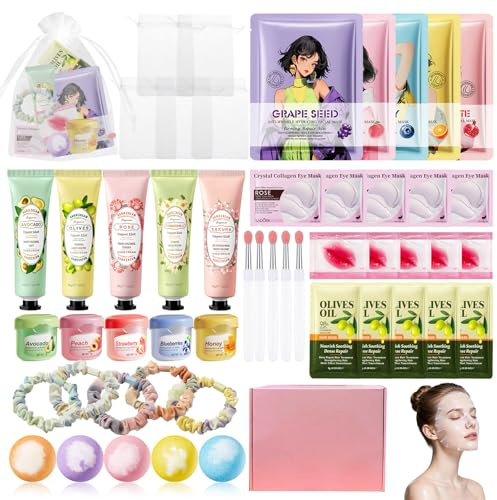 50 Pièces Coffret Cadeau Femme Spa, Coffrets de Bain et de Soins pour Ado Fille vec Masques pour le Visage, Patchs pour les Yeux, Crème pour les Mains, Baume à Lèvres, Bombes de Bain & Élastiques