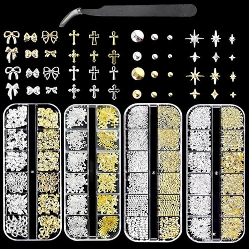 3D Nail Charms 4 Boxes Gold Silver Rhinestones, Nail Gems with Tweezers, Bows Stars Pearls Cross Nail Jewels, Nail Art Accessories DIY Decorations for Women