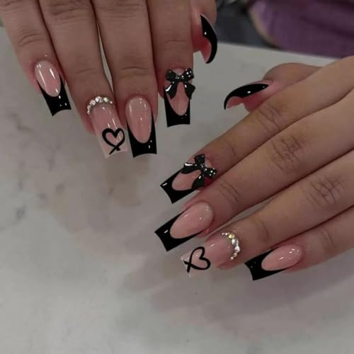 JUSTOTRY 24 Pcs Black French Coffin False Nails Long,Pink Press on Nails with Heart and Bow Pattern,Pretty Ballarina Stick on Nails for Women Gifts,Glossy Fake Nail Medium for Nail Art