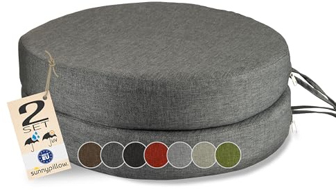 sunnypillow 2er Set Stuhlkissen Rund Ø 40cm wasserdicht, Anthrazit | UV-lichtecht, 7cm dick, Outdoor Polsterauflage mit Bändern, Auflage für Stühle, Sitzkissen Stuhlauflage für Haus und Garten