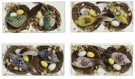 KSD Nest mit Federvogel & Dekoeiern 9x5x4cm Gras 1 Box á 2 Stück Sortiert - Dekoratives Natur Vogelnest mit Vogel und Eiern - Vogeldeko Ostern & Frühling - Frühlingsdeko & Osterdeko
