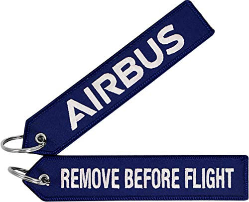Airbus Porte-clés « Remove Before Flight » - Bleu - Inscription blanche brodée - Environ 13 x 3 cm, Inscription violette et argentée, 13,0 cm x 3,0 cm