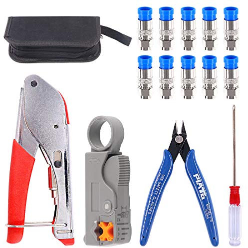 Glarks Kit di crimpatrici per cavi coassiali, RG6 RG59, strumento di crimpatura a compressione coassiale, doppia lama, spellacavi e tagliacavi con 10 connettori a compressione F per TV via cavo,