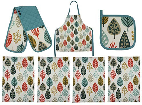 McAlister Textiles Magda Kitchen Cooking Set | Burnt Orange Pattern Leaf Print Tea Towels, Apron, Hot Plate Mat + Double Oven Gloves Geometric Design Soft Feel Cotton | Set