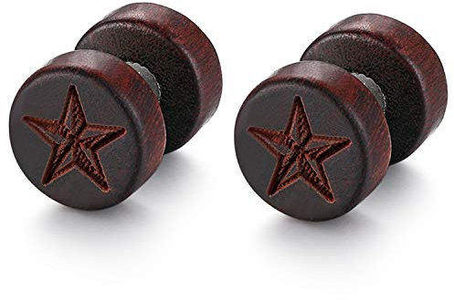 Flongo Herren Holz Ohrstecker 10mm mit Stern Gravur Damen Ohrringe Edelstahl Gestüt Stecker Ohrringe Farbe Fake Plug Tunnel Piercing Ohrschmuck motiv Holzschmuck für männer frauen hell braun