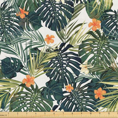 ABAKUHAUS Hawaii Stoff als Meterware, Bunte polynesische Pflanze, Qualitäts Stoff Dekorativer Polster Heimtextilienstoff, 2M (148x200cm), Jadegrün Farngrün Orange