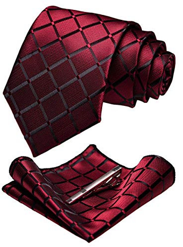 JEMYGINS Cravate rouge foncé Carreaux Homme en Soie et Pinces à cravate Carre de poche Set(8)
