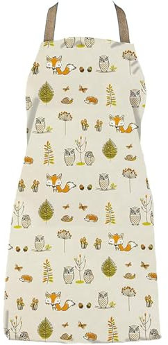 Jolee... Fabrics Wipe Clean PVC Coated Aprons - 100% Cotton Oilcloth - Adults and Childrens Sizes - Easy to Clean and Splash Proof Apron (Beige Foxes and Owls, Adult (75cm Length))