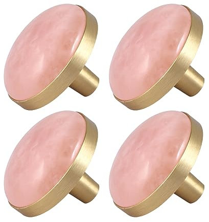 mookaitedecor 4 Stück Rosenquarz Kristall Stein Dekorative Schubladenknöpfe, Moderne Schubladengriffe Möbelknöpfe für Haus & Küchenschrank, 37 mm